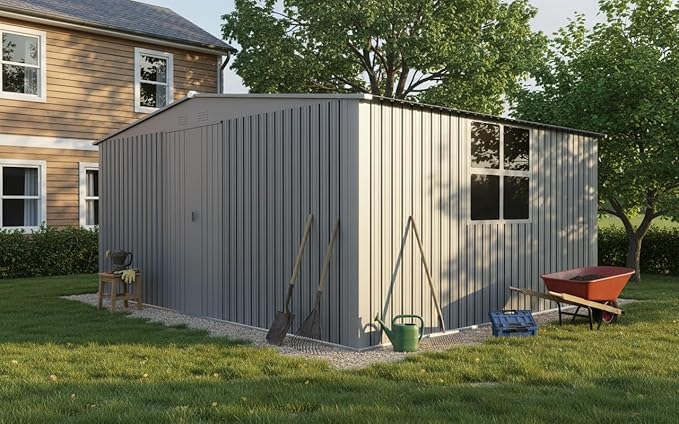 YOPTO 11x13 FT Outdoor Storage Shed,Metal Waterproof Tool House with Firewood Shed and 2 Integrated Punched Vents,2-in-1 Garden Storager Apex Roof Shelter w/Window & Door for Wood,Bicycles,Grey