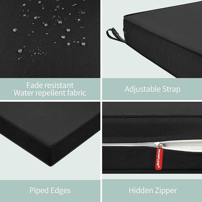 Patio Chair Cushions 22x22 Inch, Water Repellent Outdoor Seat Cushions with Adjustable Straps, Fade Resistant Replacement Cushions for Garden Deck Sofa Couch, Set of 2, Black