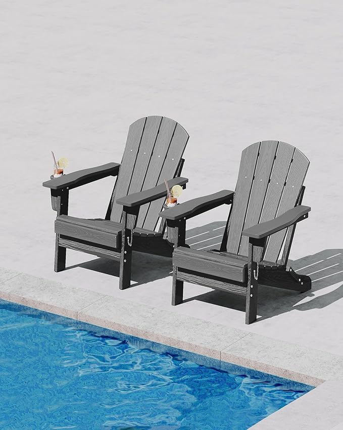GarveeLife Folding Adirondack Chair Set of 6, All-Weather HDPE Outdoor Chair, Wooden Textured with Cup Holder for patios, Decks, Gardens, fire pits, Grey