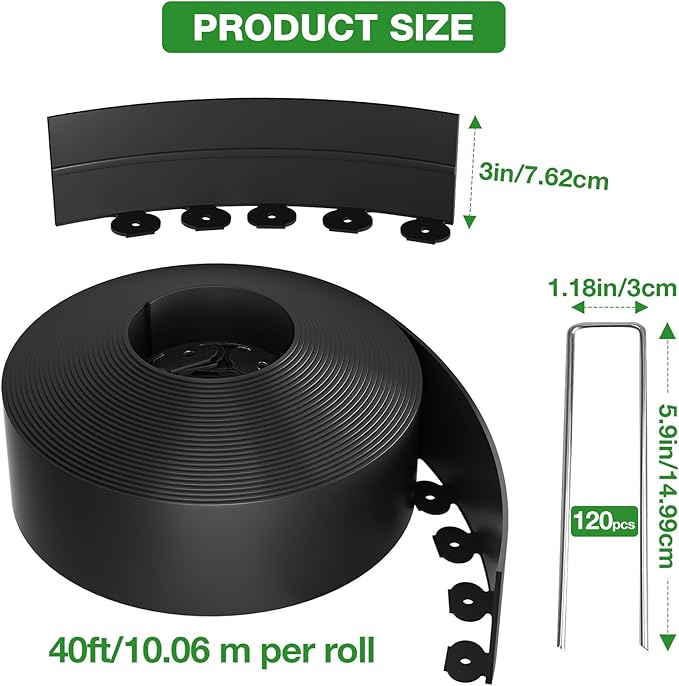 3in Tall 80ft Landscape Edging Kit with 120pcs Metal Spikes, Reinforced Rib Design,Dig-Free Flexible Plastic Edge Border for Landscape, Lawn,Garden,Flower Beds,Yard,Paver,Playground, Fence,Pathway