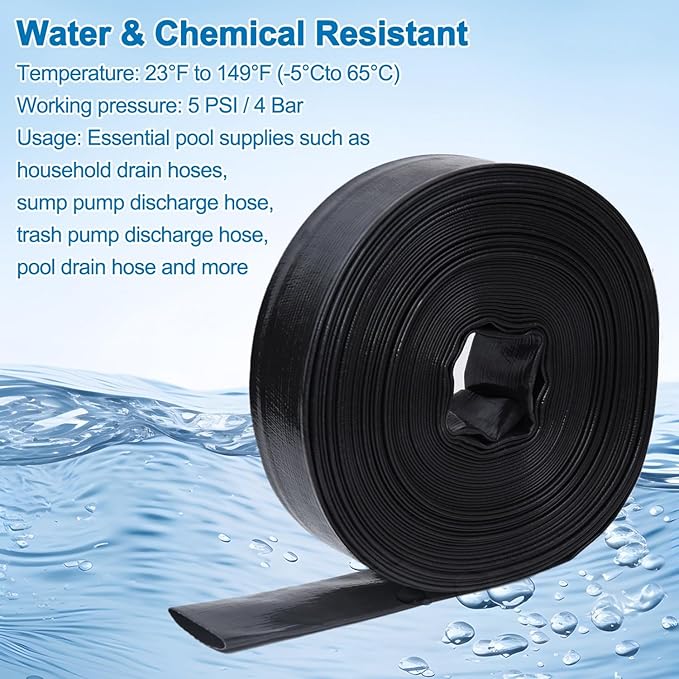 2 inches x 100 FT Heavy-Duty PVC Swimming Pool Backwash Hose, Reinforced Discharge Hose with Clamp for Swimming Pools, Black