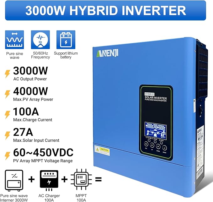 3000W Hybrid Inverter, 24Vdc to 110Vac Solar Inverter Charger Built-in 100A MPPT Controller, Pure Sine Wave PV Power Converter, Supports Battery-Less or AGM Lithium Battery
