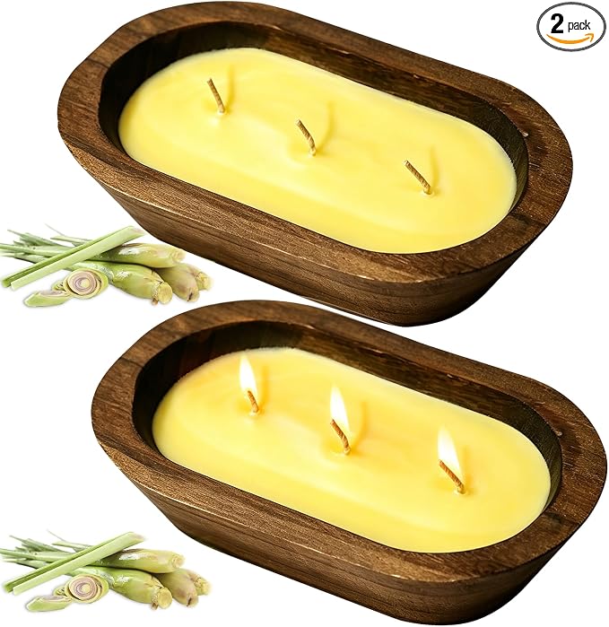 SCENTORINI Citronella Candles, Wood Dough Bowl 2 Pack (35oz), 3 Wicks, Natural Soy Wax Infused with Citronella Essential Oil, Summer Fresh Scent for Outdoor Indoor Patio Camping Balcony