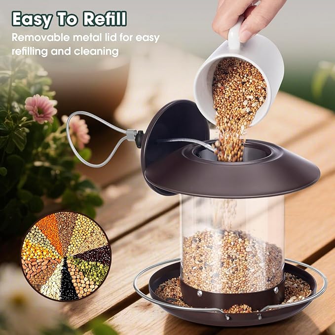 Bird Feeders for Outdoors, Hanging Metal Roof Bird Feeder with Clear Tube Seed Capacity for Viewing Cardinal Finch, Wild Birdfeeders for Outside Garden Yard Decoration