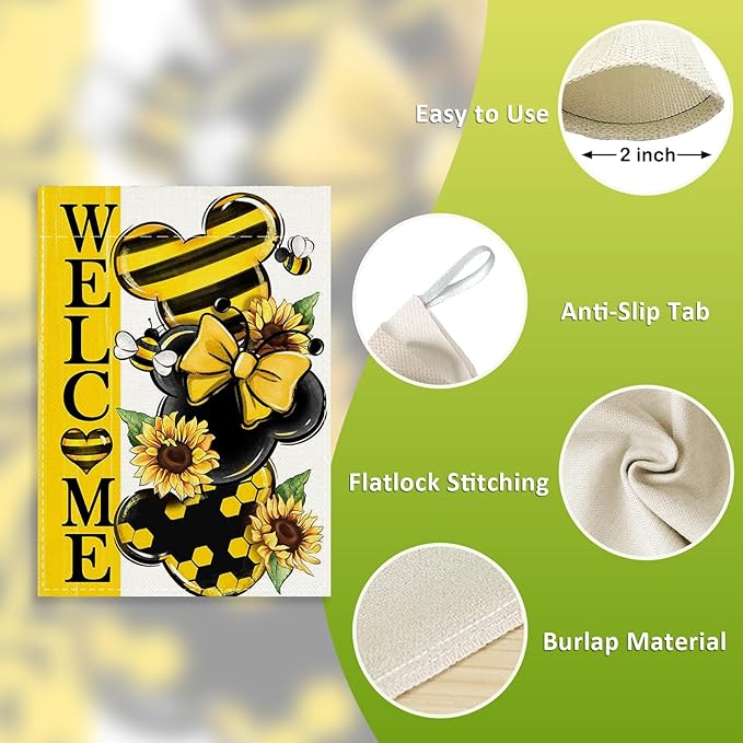 Welcome Spring Decorative House Flag, Yellow Sunflower Honey Bumble Bee Garden Yard Outside Decorations, Seasonal Burlap Outdoor Large Home Decor Double Sided 28 x 40
