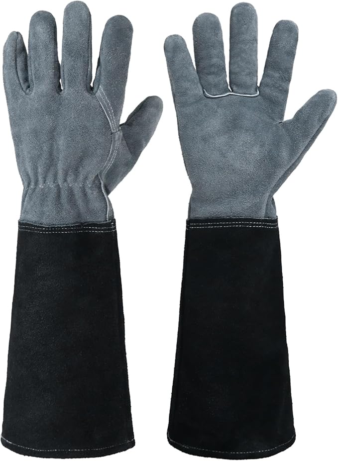 HANDLANDY Long Gardening Gloves for Men & Women, Cowhide Leather Rose Pruning Gloves, Breathable Thorn Proof Gauntlet Glove (Slate Gray, L)