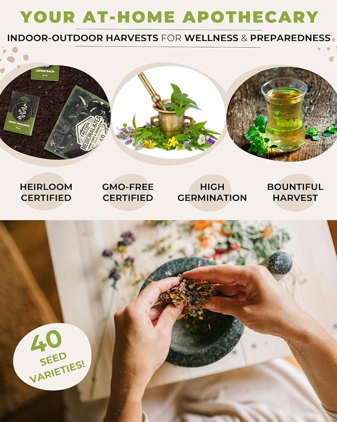 Tactiko Survival 40 Medicinal & Tea Herb Seeds Variety Pack, Indoor & Outdoor Herbal Garden Kit, USA Grown Heirloom Non-GMO, Herbal Seeds for Teas, Resealable Mylar Bag for Long-Term Storage
