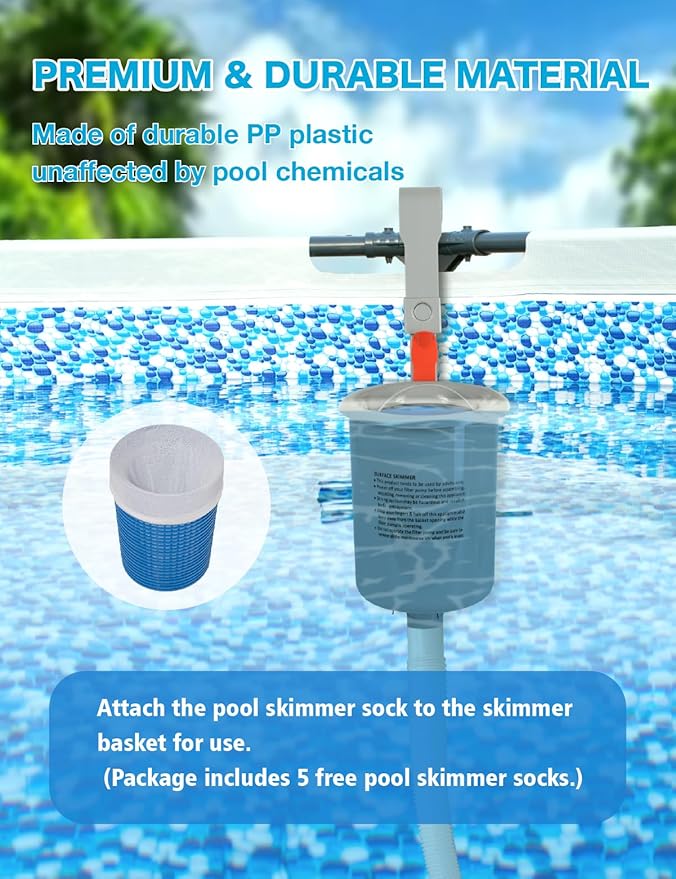 Above Ground Pool Skimmer with 5 Skimmer Socks, Wall Mount Surface Skimmer with Hose & Basket, Compatible with Intex Pools, Adjustable Floating Filter, Automatically Removes Leaves & Debris