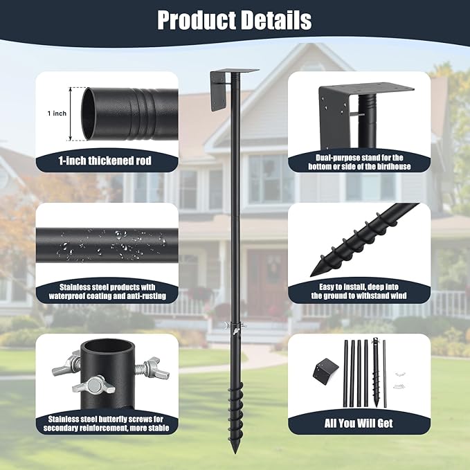 Bird House Pole, 60" Adjustable Bird Feeder Pole with Stand Stake, Heavy Duty 1.2 Inch Diameter Metal Bird Mounting Pole for Yard Garden Outdoors Park, Bluebird, Hummingbird, Black