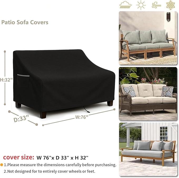 Outdoor Sofa Cover, Waterproof Patio Furniture Cover 76W x 32.7D x 33H inches Heavy Duty 600D Oxford Fabric Black