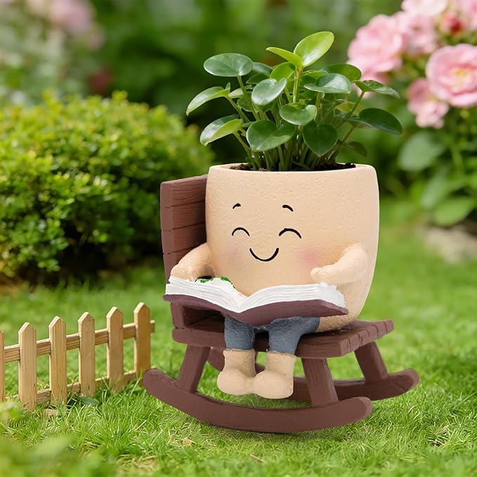 Smily Face Rocking Chair Reading Book Planter Pots with Drainage Hole, Cute Resin Flower Head Succulent Planters for Indoor Plants, Gift IdeaI for Mother Birthday Christmas
