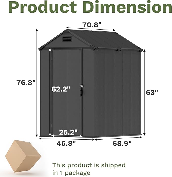 Greesum 4x6FT Plastic Shed with Floor, Outdoor Storage Shed with Vent and Locable Door, Waterproof Plastic Tool Storage Without Window, for Garden, Garage, Lawn, Deep Gray