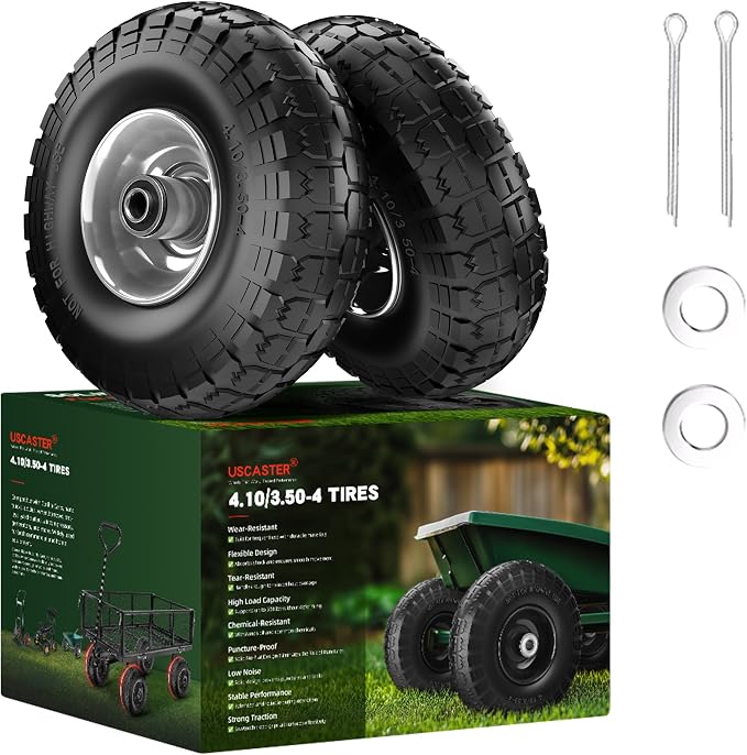 4.10/3.50-4 Tire and Wheel Flat Free,10-Inch Solid Wheel Replacement with 5/8 Bearings,2.2" Offset Hub -Compatible with Hand Truck,Wheelbarrow,Dolly(Gray)