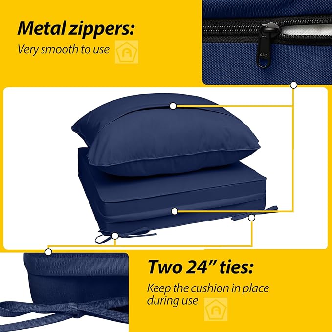 AAAAAcessories Outdoor Seat Cushions for Chairs, Fade-Resistant, Waterproof Patio Furniture Replacement Cushions, 24" x 24" x 5" + 24" x 19", Navy Blue