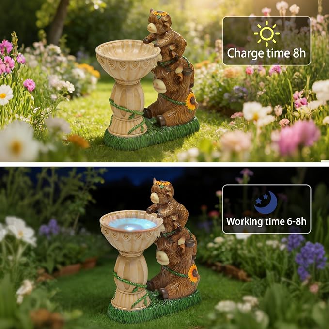 Sheaifun Solar Garden Statues Highland Cow Garden Decor Resin Highland Cow Statue with Bird Bath Feeder Light Animal Figurine Outdoor Yard Patio Lawn Decoration Gardening Gifts for Women 9.5 Inch