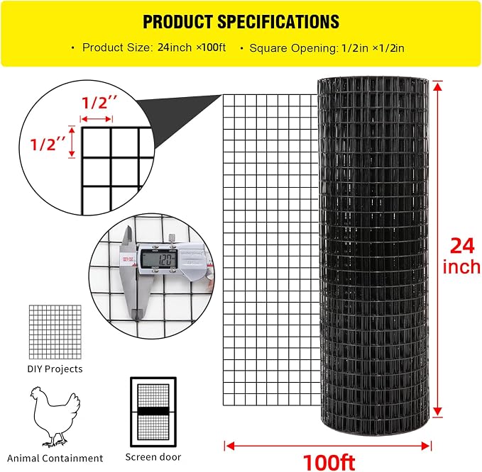 24'' x 100' 1/2inch Hardware Cloth 16 Gauge Black Vinyl Coated Welded Fence Mesh for Home and Garden Fence and Home Improvement Project
