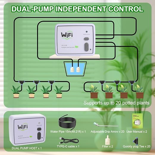 BZONE Dual Channel Automatic Watering System, Timer Drip Irrigation Kit for 20 Potted Plants, with Adjustable Programs & 3 Power Levels, 20 Emitters, 15M Hose for Indoor Garden