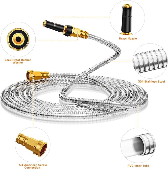 Rosy Earth Metal Garden Hose 200 FT - 304 Stainless Steel Water Hose 200 FT - Expandable Short Flexible Garden Hose,no Kink Explosion, no Bite