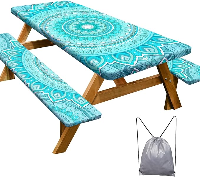 Play Tailor Picnic Table Cover with Bench Covers Camping Essentials Waterproof Windproof Camping Tablecloth with Drawstring Bag, Fitted Rectangle Tables and Seats, 72in, Ice Blue