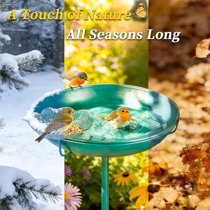 Mellbree Metal Bird Bath for Outside, 10" Dia 39" H Lake Blue with Gold Gilding, Freestanding with Perch & Feeder Bowl, Multi-Functional for Garden Patio Yard Lawn Outdoor Decor
