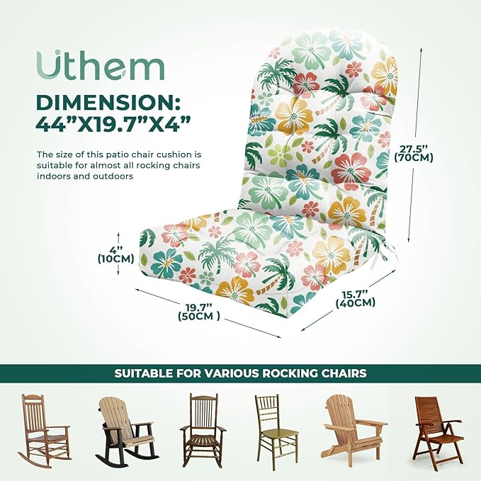 Adirondack Chair Cushion Waterproof Indoor Outdoor Rocking Chair Cushion 44 Inches Patio High Back Chair Cushions Thickened Adirondack Rocking Chair Cushions with Ties, Green Coconut Tree