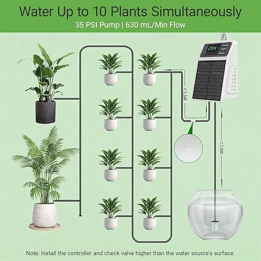 Automatic Solar drip Irrigation System (Solar/USB-C Dual Power), DIY Solar Watering System with Programmable Timer for 10 Potted Plants, IPX5 Auto Watering Kit for Indoor, Balcony, Garden & Vacation