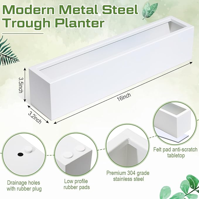 FillTouch 1 Pcs Long Rectangular Planter Box Window Sill Plant Box Metal Water Trough Indoor Large Modern Steel with Drainage Holes Herb Garden Home (16.1 x 3.2 x 3.5 Inch,White)