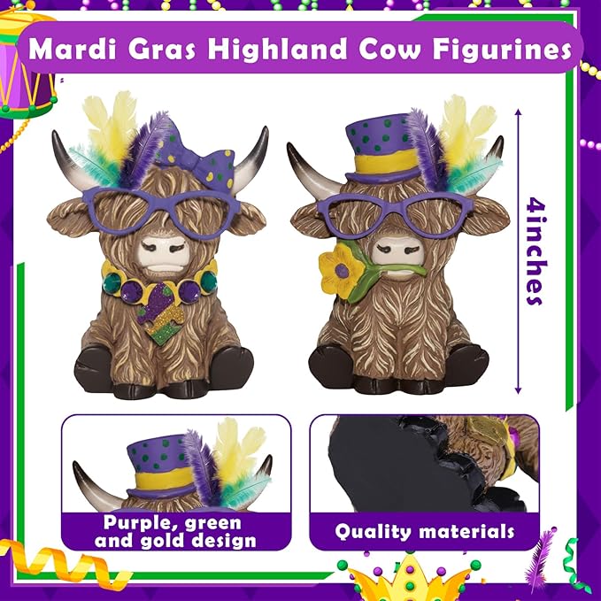 Simgoing 2 Pack Mardi Gras Highland Cow Figurines, Mardi Gras Masks Gnomes Carnival Masquerade Highland Cow Green Gold Purple Table Decor Scottish Resin Statue Calf Gift for Home Garden Kitchen Office