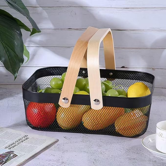 AJIODA Metal Mesh Steel Basket, Storage Organizer Basket Garden Harvest Basket Multi-functional Kitchen Fruit Baskets Bin with Wooden Handle for Bathroom Picnic Shopping Decor Cabinet Home, Black