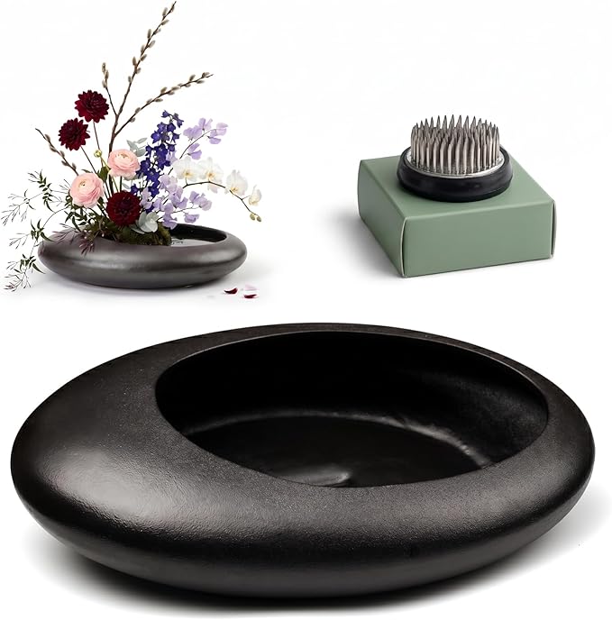 Ikebana Bowl Kit - Ikebana Vase (Japanese Flower Bowl Vase) with 1.8'' Floral Frog, Ikebana Set for Japanese Flower Arrangement (Black, 1.8'' Floral Frog Included)
