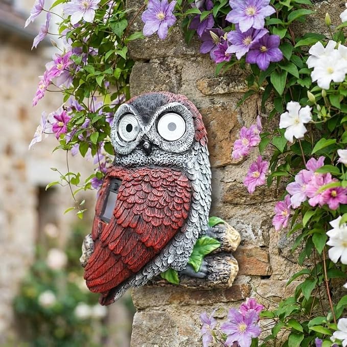 7.8" Solar Owl Garden Statue,Waterproof Owl Solar Lights with Glowing Eyes,Tree Decorations Outdoor for Yard Patio Lawn, Solar Owl Light for Night Garden Decor, Owl Garden Statue for Fence or Wall