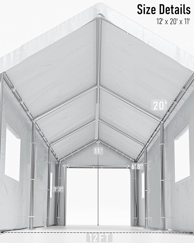 Hipicute 12x20x11 Ft Heavy-Duty Portable Garage with Canopy Top, Front and Back Doors, Roll-Up Windows, Carport Reinforced Structure for Cars, Trucks, Boats, and Parties - White.