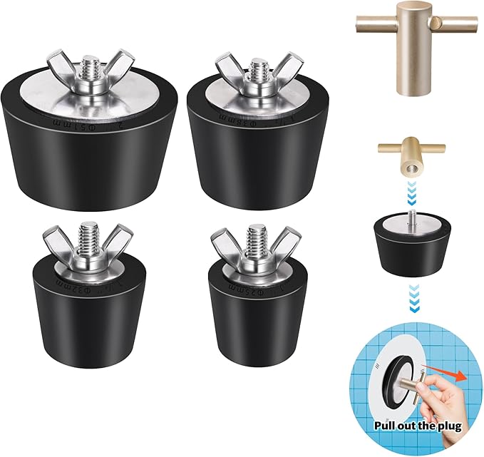 4 Pack Rubber Pool Winter Plugs with One T-Handle – 1" 1.25" 1.5" 2" Pool Winterizing Plugs with Stainless Steel Screws Pool Return Jet Plug for Inground & Above Ground Pools