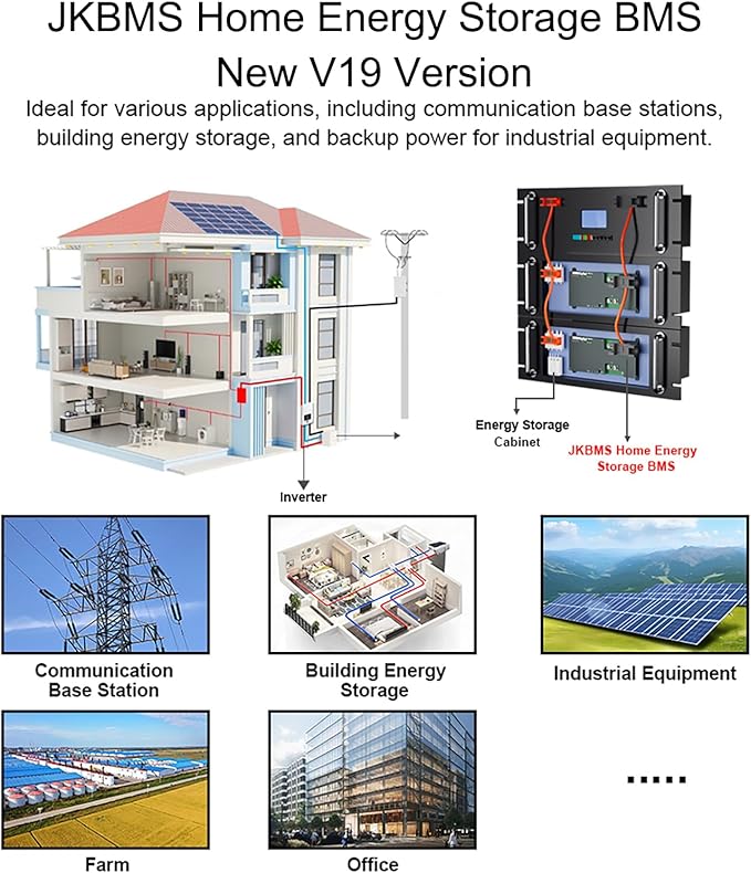 JKBMS Inverter BMS 8S-16S 24V-48V 150A – V19 Home Energy Storage BMS with UART Port, 1A Active Balance, Built-in Bluetooth, RS485 & CAN, for Solar System (JK-PB1A16S15P V19)