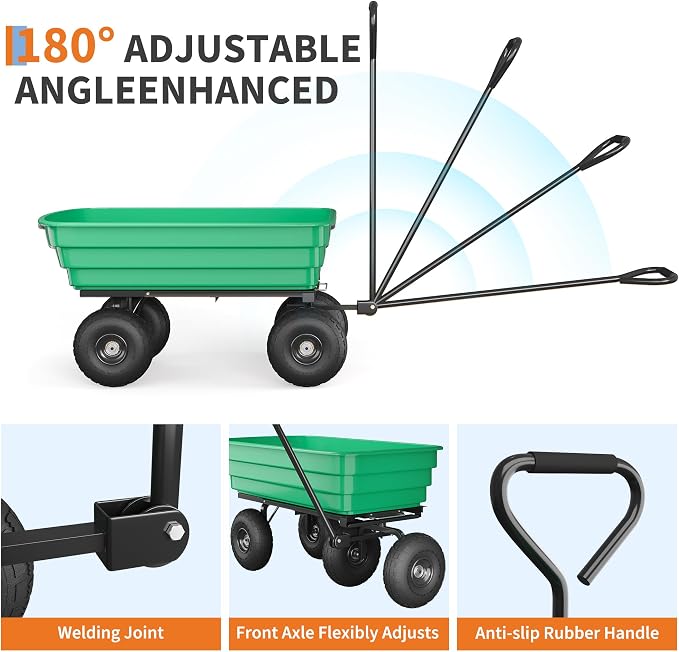 Heavy Duty Garden Dump Cart with 1200 Lbs Capacity – 4 Cu.Ft Yard Utility Wagon with 10" All-Terrain Tires, 180° Adjustable Handle & Quick-Release Tipping for Soils, Plants & Tools, Green