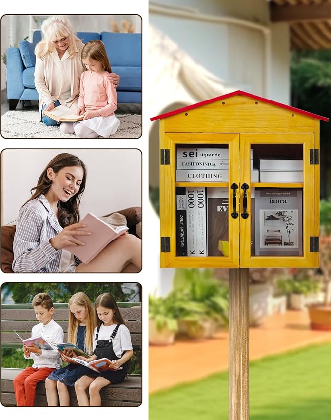 Outdoor Library Book Box Storage, Red Wooden Cabinet Little Literature Box for Neighborhoods Community and Schools Sharing Books, Newspapers, Flyers, Food and Art (Library Box-Red-2Tier)