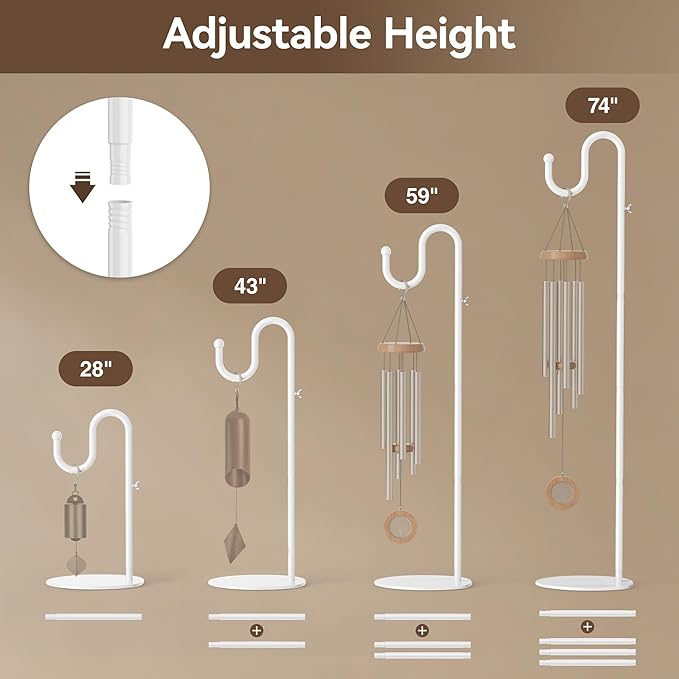 74" Shepherds Hook Stand, Adjustable Wind Chime Stand with Heavy Duty Base, Free Standing Plant Hanger Pole for Bird Feeders, Lanterns, Wreaths & Plants, Indoor Outdoor, Holds Up to 20 LBS, White