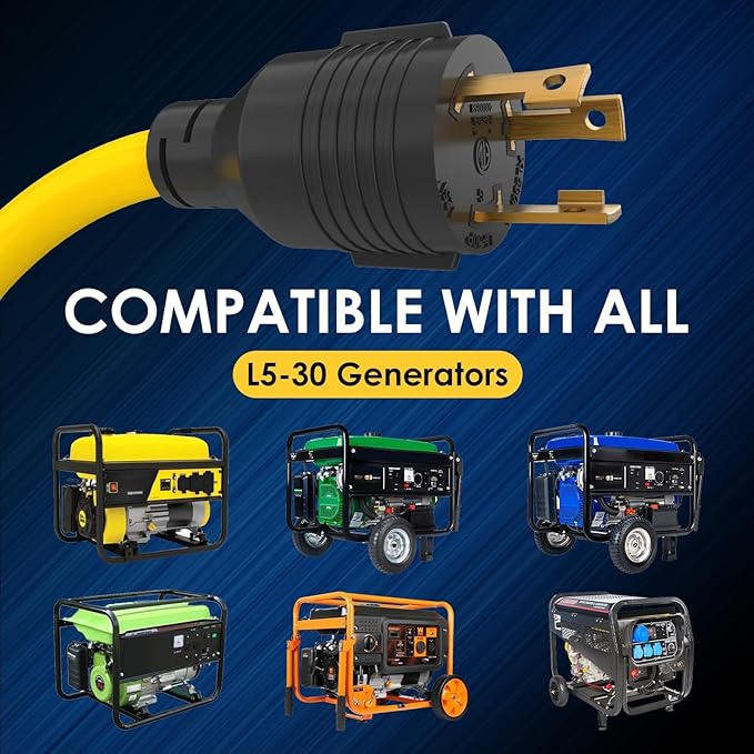 Plug and Play 30 AMP Generator Transfer Switch Adapter Cord, Heavy Duty STW 10 Gauge NEMA L5-30P Male to L14-30R Female, 3 Prong to 4 Prong Generator Adapter Plug Twist Lock to House Inlet Box