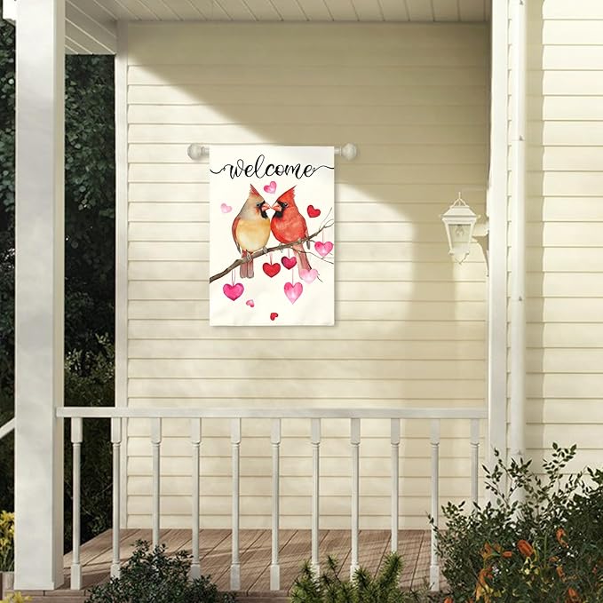 Welcome Valentine's Day Garden Flag Cardinal Love Heart Vertical Double Sided House Banner Holiday Anniversary Wedding Red Birds Large Yard Flags Farmhouse Valentines Day Decor 28 x 40 Inch