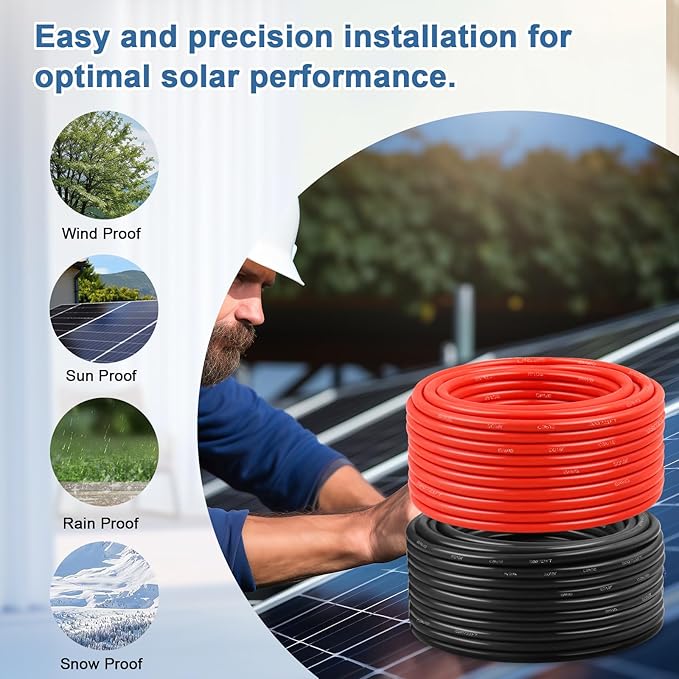 Solar Panel Wire 8 AWG(10mm²) - Solar Extension Cable 200Ft Black & 200Ft Red 8 Gauge Tinned Copper PV Wire for Outdoor Automotive RV Solar Panel Boat Marine (Black+Red)