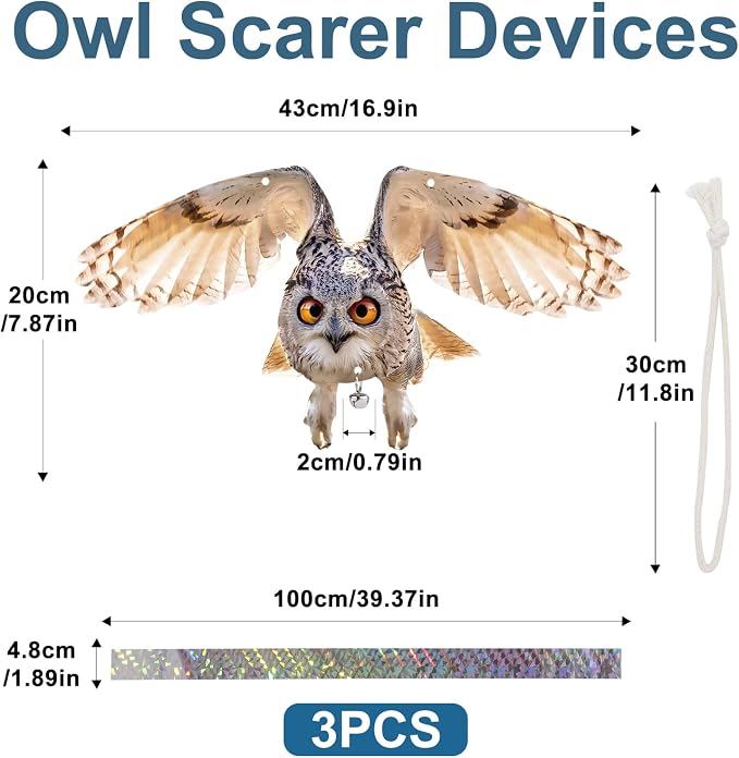 Fake Owl, 3PCS Reflective Hanging Fake Horned Owl Decoration, Owl Reflective Devices Outdoor for Outdoor Garden Yard