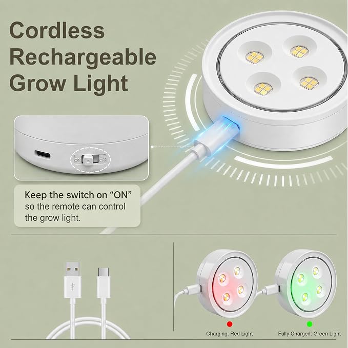 2 Pack Rechargeable Grow Light for Indoor Plants, Cordless Magnetic Plant Lights for Indoor Growing, 6500k Full Spectrum LED Lighting with Timer & Remote, Stepless Dimming for Plant Shelf