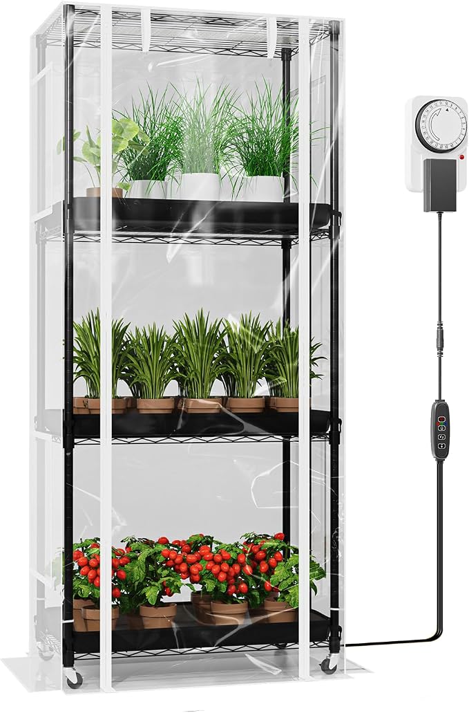 SPECILITE Indoor Greenhouse with Grow Light, DIY 4-Tier Plant Stand with PVC Cover and 99W Full Spectrum 5000K LED Plant Lights, Rolling Plant Shelves with Tent & Timer for Seed Starting, 27x14x59IN