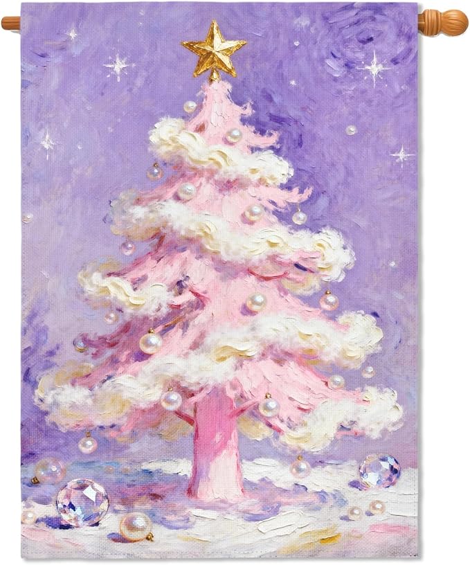 Christmas House Flag 28x40 Inch Purple Pink Xmas Tree Pearl Winter Holiday Decorative Garden Flags for Outside Double Sided Seasonal Outdoor Home Farmhouse Decoration Porch Yard New Year Decor