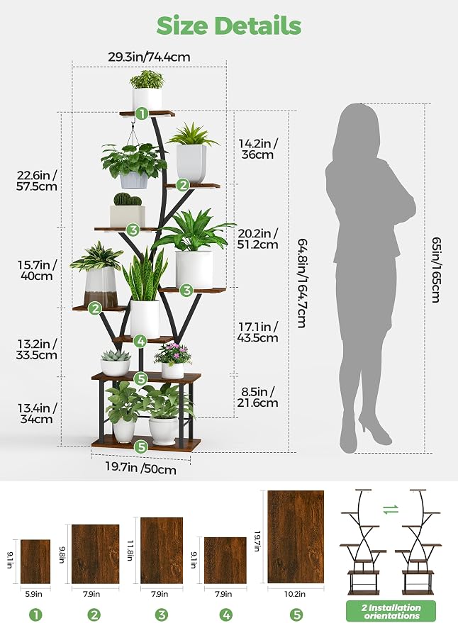 Quikraen Plant Stand Indoor with Grow Lights 64" Tall Plant Shelf Corner Lighted Plant Stands for Indoor Growing Multiple Metal 8 Tiered Large S-Shape Flower Plant Rack for Home Decor Patio Balcony