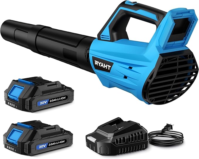 Leaf Blower Cordless, Leaf Blower with Battery and Charger - 2 Speed Modes, 2 Batteries, 20V Powerful Lightweight Electric Blowers for Blowing Leaves, Lawn Care, Patio Cleaning and Dust, Blue