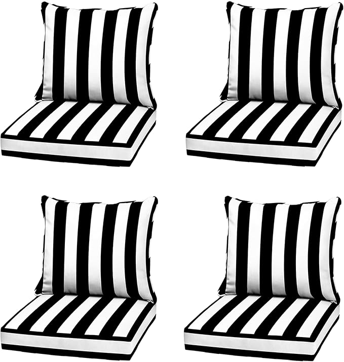 Arden Outdoor Deep Seat Cushion Set (4-Pack), 22 in x 24 in, Weather-Proof, Rain-Proof, Fade Resistant Patio Cushion for Chair, Sofa, and Couch Black Cabana Stripe