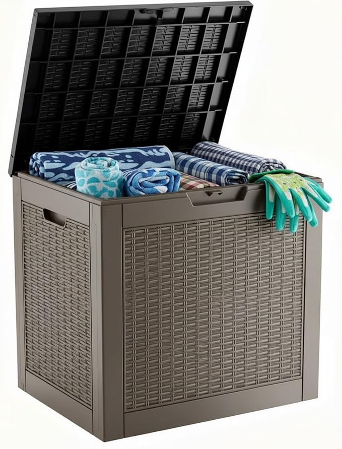 30 Gallon Resin Deck Box with Lockable Lid, Outdoor Storage for Patio Furniture Cushions, Garden Tools, Pool Accessories, All-Weather Waterproof Design
