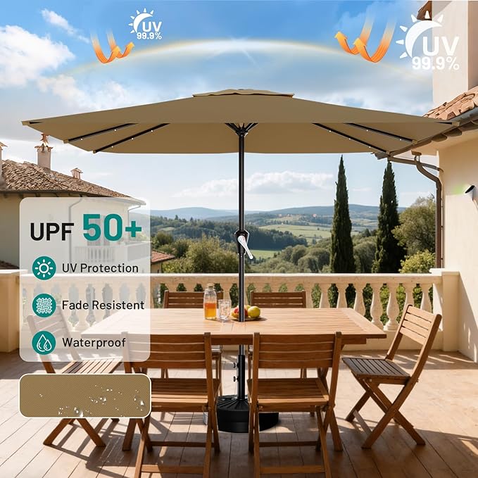 AreShark 8' X 10' Rectangular Patio Umbrella with Solar Lights, Lighted Solar Umbrella with Crank, Outdoor Table Umbrella for Garden, Deck, Backyard, Pool and Beach, Khaki