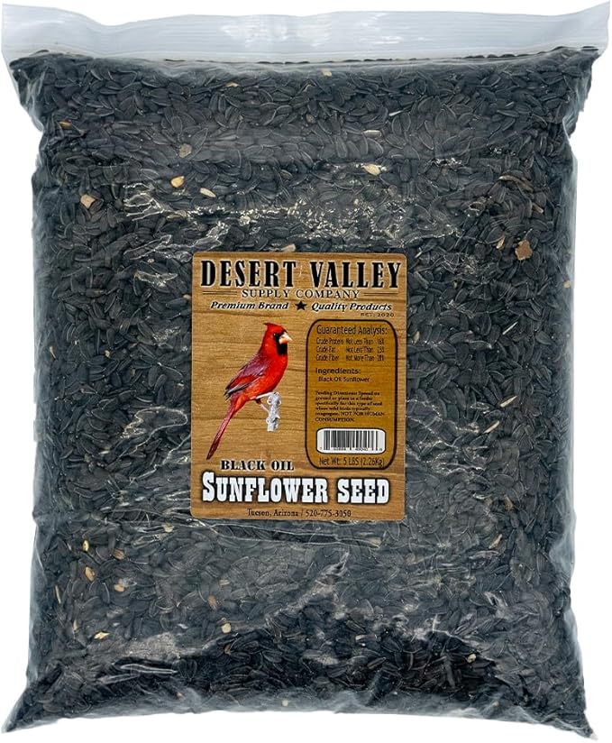 Desert Valley Black Oil Sunflower Seed, All Natural, Non-GMO Premium Wild Bird and Wildlife Food for Cardinals, Dove, Jays, Squirrels, and More (5 Pounds)